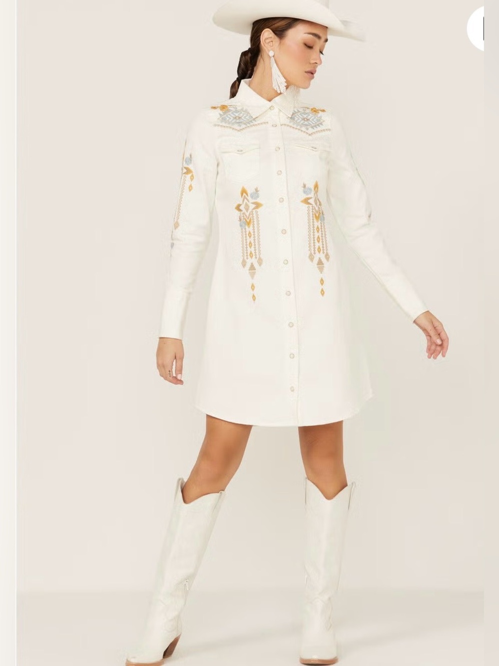 STETSON Embroidered Southwestern Long Sleeve Western White Denim Snap Dress